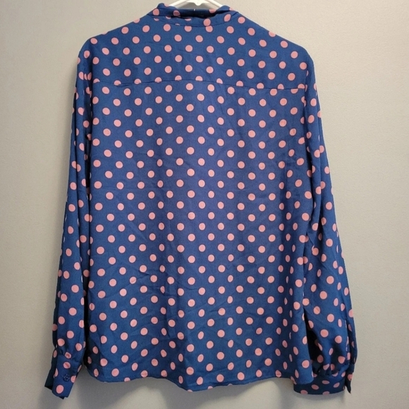 Tahari Retro Polka Dot Tie Button-Up Blouse Blue Pink Size Large EUC - Picture 4 of 6